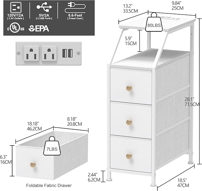 Tohomeor Narrow Dresser Tall Skinny Storage Tower Vertical Slim Chest of Drawers with Charging Station Small Nightstand Side Table for Bedroom, Bathroom, Small Spaces (White, 3 Drawers)