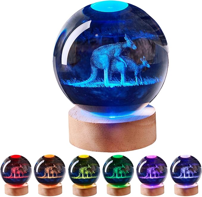 Kangaroo Crystal Ball Lamp with LED Wooden Base, 16 Colors Change & Remote Control Crystal Ball Night Light, Upgraded 3.15 Inch Glass Light, Gift for Kids Wife Girlfriend (Kangaroo)