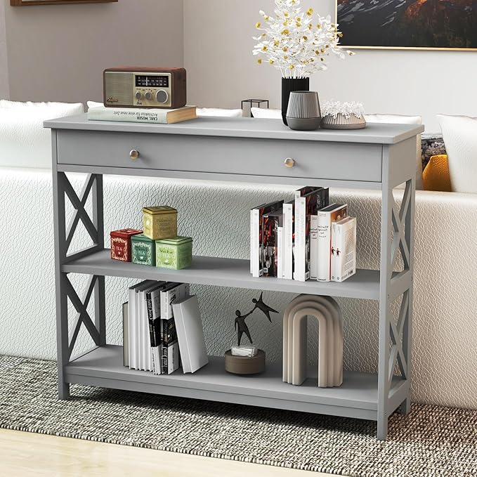 GOFLAME 39" Console Sofa Table with Drawers, 3-Tier Narrow Entry Table with Storage Shelves for Living Room Behind Couch, Entryway, Hallway (Grey)