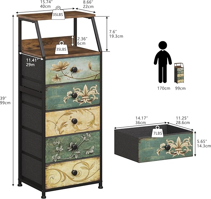 Tohomeor Nightstand with Fabric Drawers Dresser with 2 Tier Shelf Storage Tower for Bedroom Hallway Entryway Closet Organizer Sofa Beside Table Furniture (Multi, 5 Drawers)