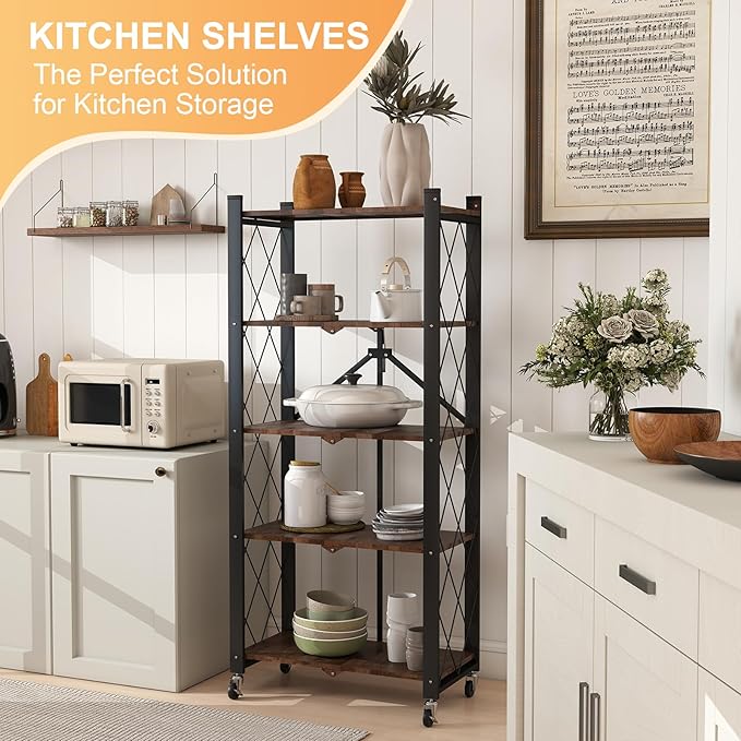 5-Tier Foldable Storage Shelves with Wheels, Folding Metal Shelf Unit, Folding Bookshelf no Assembly, Collapsible Shelves for Craft Shows for Kitchen, Bedroom, Living Room, Rustic Brown