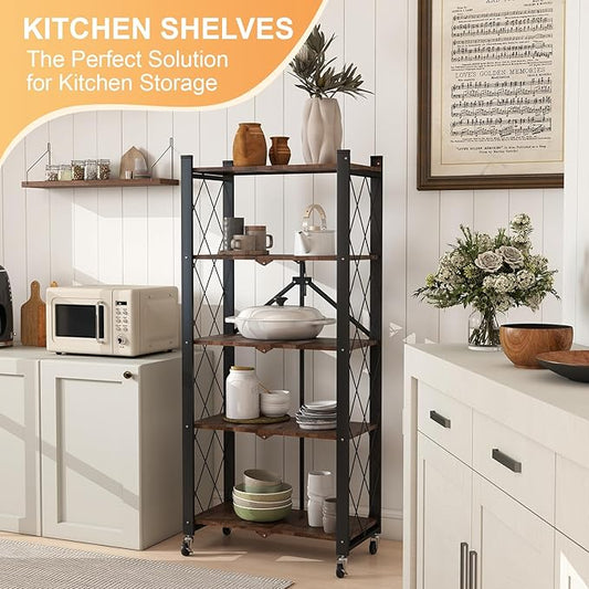 5-Tier Foldable Storage Shelves with Wheels, Folding Metal Shelf Unit, Folding Bookshelf no Assembly, Collapsible Shelves for Craft Shows for Kitchen, Bedroom, Living Room, Rustic Brown
