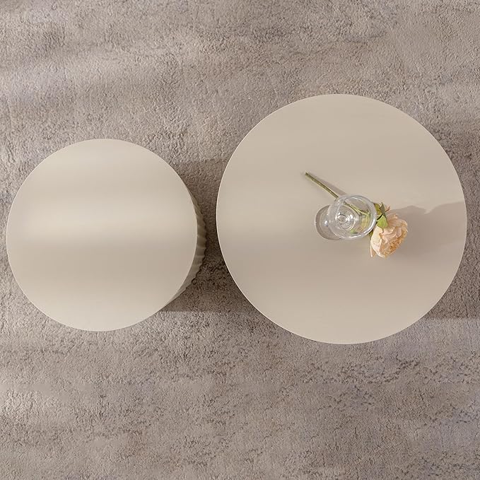 KEVINSPACE Nesting Coffee Table Set of 2 Circle CoffeeTable Modern NestingTables for Living Room Round Fluted Wooden CoffeeTabl No Need Assembly for Bedroom Balcony Lounge 33.86" Beige