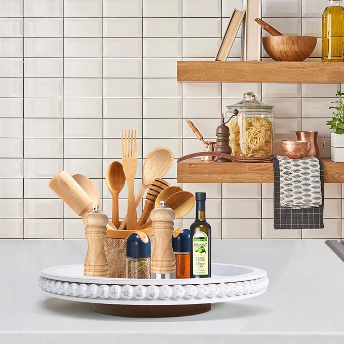 HPC Decor 12Inch Beaded Lazy Susan- Wooden Lazy Susan Organizer for Farmhouse Table Decor, Round Turntable for Table Cabinet,Countertop- Kitchen Turntable 360 Degrees Rotating Table Spinning Tray.