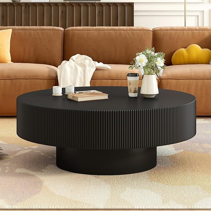 WILLIAMSPACE 31.5" Black Round Coffee Table with 6.8" Thick Tabletop & Sturdy Base, Modern Drum Center Table Circle Accent Side Table for Living Room, Minimalist Fluted Design, Black