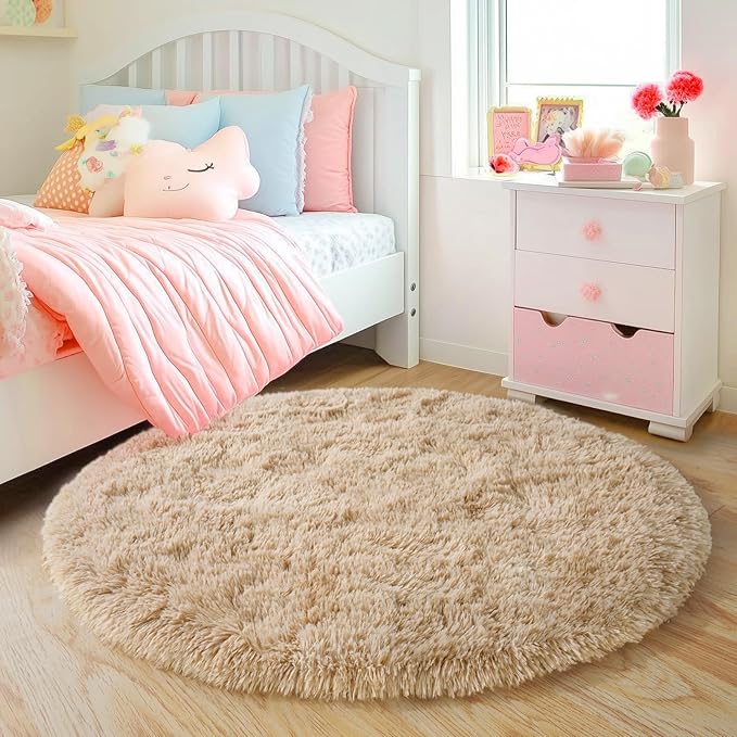 3'x3' Beige Round Rug for Bedroom, Ultra Soft Fluffy Circle Rug for Kids Girls Boys Room, Cute Small Shag Rugs for Living Room Playroom Tent Castle Home Decor Rug