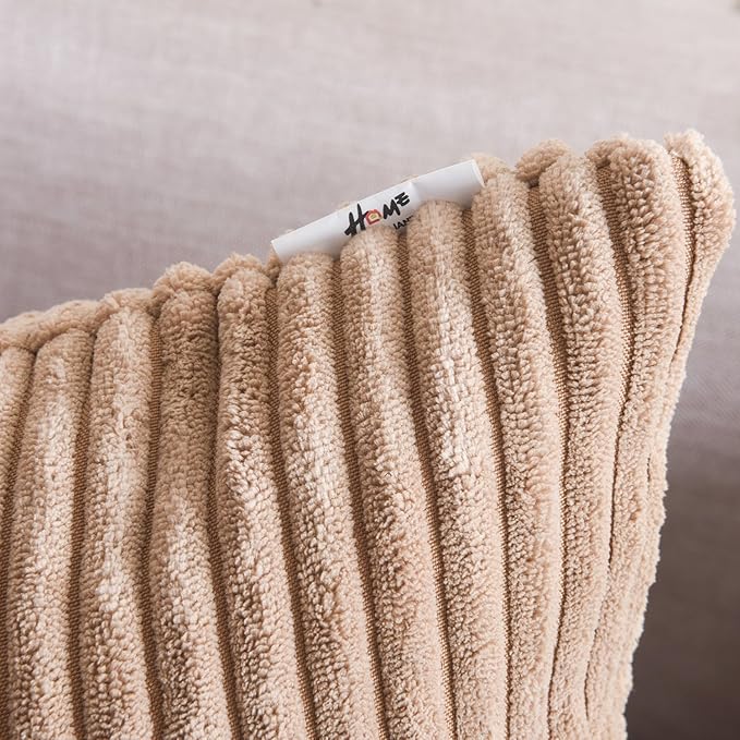 Home Brilliant 18x18 Throw Pillow Covers Decorative Set of 2 Soft Velvet Corduroy Striped Square Cushion Cover for Bench Couch Decor, 18 x 18 inch, Taupe