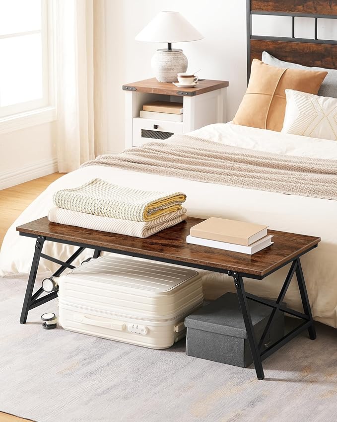 41.3" Folding Coffee Table with Safety Buckles, Low Coffee Table, Portable Floor Table, for Sitting on The Floor, for Living Room, Bedroom, Balcony, Caravan, Rustic Brown and Black TKF01BF