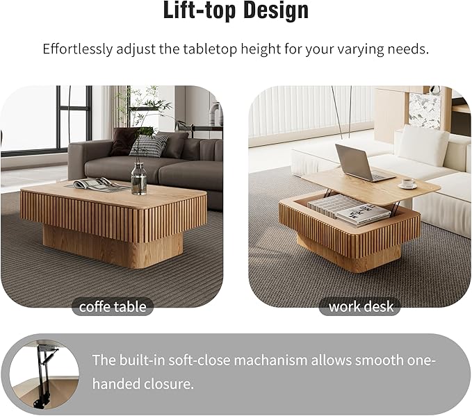 38.6'' Lift Top Fluted Coffee Table with Hidden Compartment, Modern Rectangular Wooden Center Table Cocktail Tea Table with Storage and Adjustable Height for Living Room Apartment,Natural