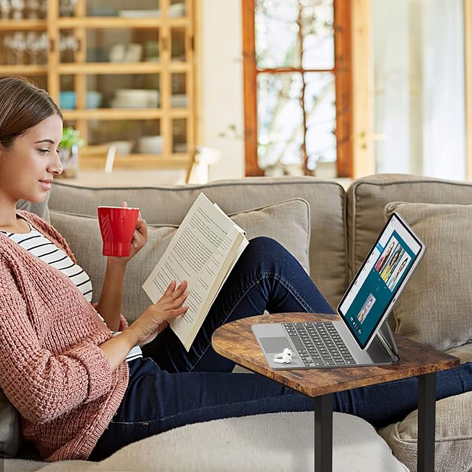 Hosfais Side Table Small End Table, C-Shaped Wood Sofa Table with Metal Frame for Living Room, Bedroom, Small Spaces (Rustic Brown)