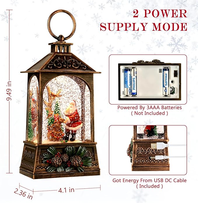Christmas Lantern,Christmass Snow Globe Lantern Lights with 8 Christmas Songs,Battery & USB Powered,Christmass Snow Swirling Glitter Water Globe Lanterns for Xmas Home Decoration Holiday Party Gifts.
