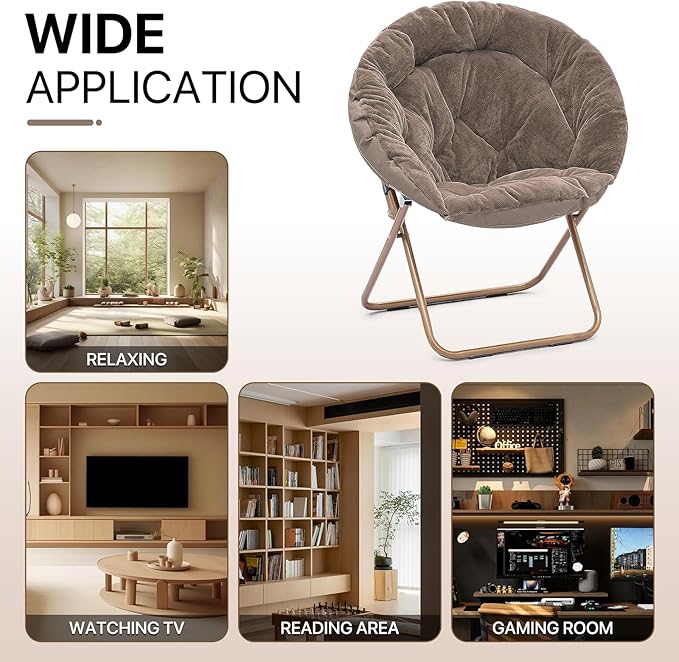 Athena Collection Comfy Saucer Chair Folding Cozy Chair for Bed Room Living Room Accent Chair Faux Fur Reading Chair Foldable Metal Frame Lazy Chair Moon Chair for Adult, Brown