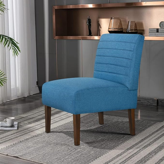 Slipper Accent Chair Modern Armless Lounge Chair with Wood Legs Upholstered Makeup Vanity Tufted Side Chair Fabric Comfy with Decor Back for Living Room Bedroom Patio (Horizontal Back, Blue)
