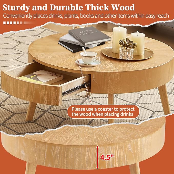 2 Piece Modern Farmhouse Coffee Table Set with Drawer, Boho Round Natural Real Wood Coffee Table for Living Room, Nesting Coffee Side Table Set with Radial Design, Light Brown