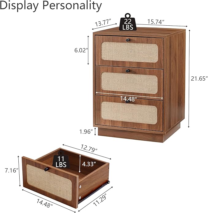 16 Inch Nightstand Set of 2, Mid-Century Wood Night Stand with 3 Storage Drawer, Farmhouse Small Linen Decor End Table for Sofa Couch, Side Tbale for Bedside Bedroom, Living Room (Walnut)