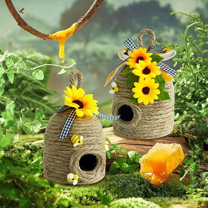 Bigger Bee Hive Decor,2 Pack Bumble Bee Rustic Decor,Natural Bee House, Bumble Bee Theme Party Decor Spring Summer Rustic Farmhouse Kitchecn Table Decor, Honeybee Tiered Tray Decor