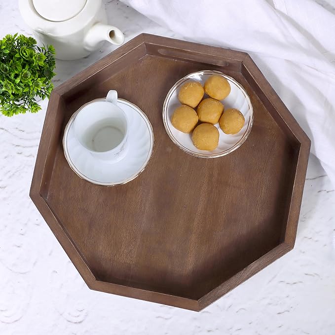 12" Rustic Wooden Serving Tray - Decorative Wood Serving Tray with Handles for Coffee Table, Breakfast in Bed, Food Dinner, Rustic Octagonal Tray (Walnut) - CLEENTABLE