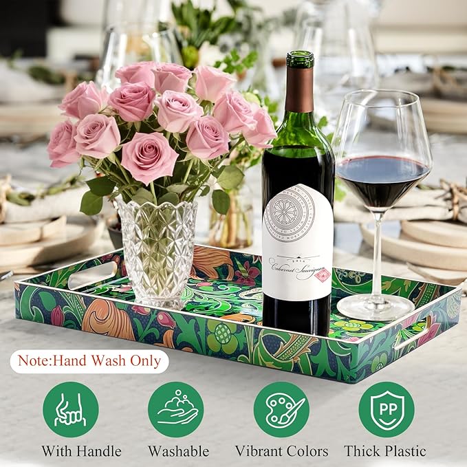 Zosenley Rectangular - Decorative Plastic Tray with Handles Modern Vanity Serving for Ottoman, Coffee Table, Kitchen and Bathroom 13.8 x 9.84 Inch (Morris Green)