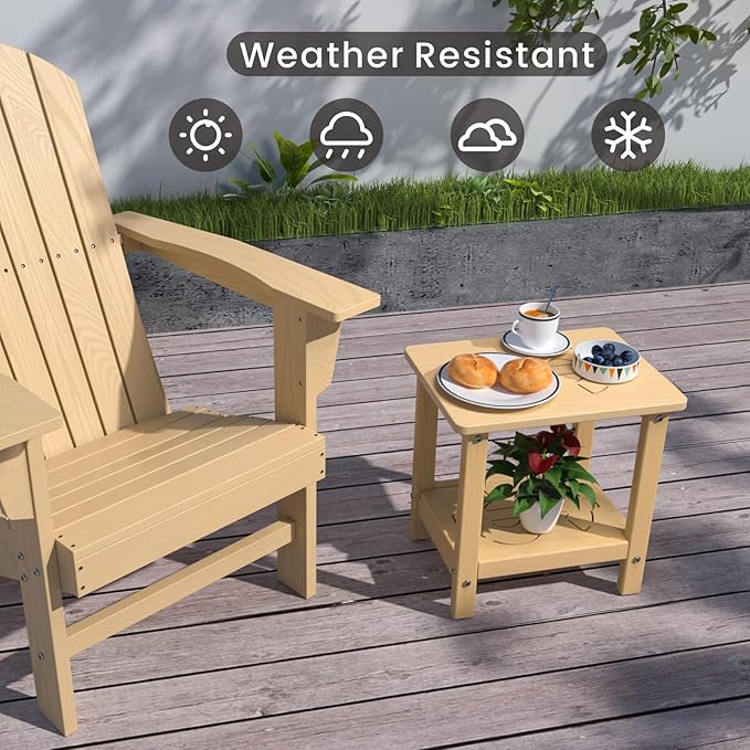16.6'' HDPE Outdoor Side Table, Weatherproof Small Outdoor Table for Adirondack, Patio, Porch, Balcony, Poolside (2-Tier, Teak)