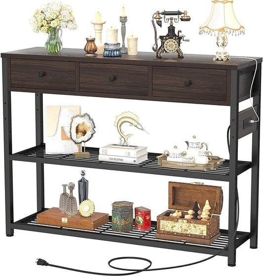 Ecoprsio 47'' Entryway Table with Outlets and USB Ports, Console Table with 3 Drawers, Sofa Table Narrow Long with Storage Shelves for Living Room, Couch, Hallway, Foyer, Black Walnut Finish