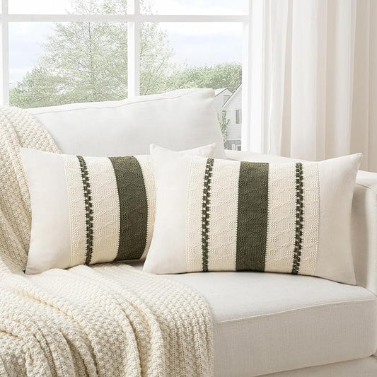 Fancy Homi Set of 2 Boho Olive Green Long Lumbar Decorative Throw Pillow Cover 12x24 Inch for Couch Bed Sofa Chair, Modern Organic Farmhouse Home Decor, Soft Cotton Cute Accent Rectangle Cushion Case