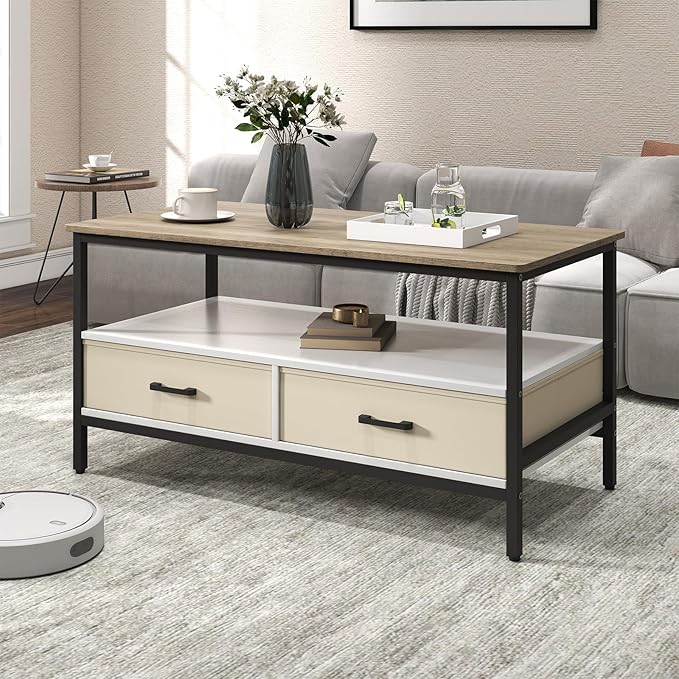 OC Orange-Casual Coffee Table, 40" Farmhouse Coffee Table with Storage Shelf & 2 Removable and Foldable Drawers, Center Table with Sturdy Frame, for Living Room, Bedroom, Office