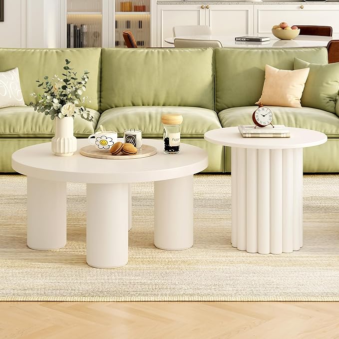 Modern Coffee Table Set of 2, Round Center Table with Roman Column Legs,Space-Saving Stackable Design,Matching End Tables for Living Room, Industrial & Functional, Easy Assembly,White