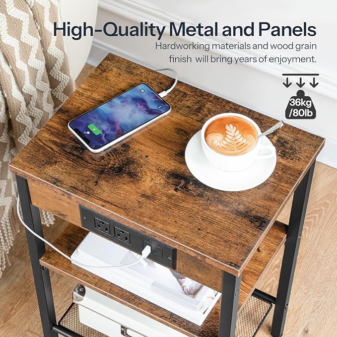 HOOBRO Side Table with Charging Station and USB Port, Small End Table for Small Space, 3-Tier Nightstand with Adjustable Shelf, for Living Room, Bedroom and Balcony, Rustic Brown BF112BZ01