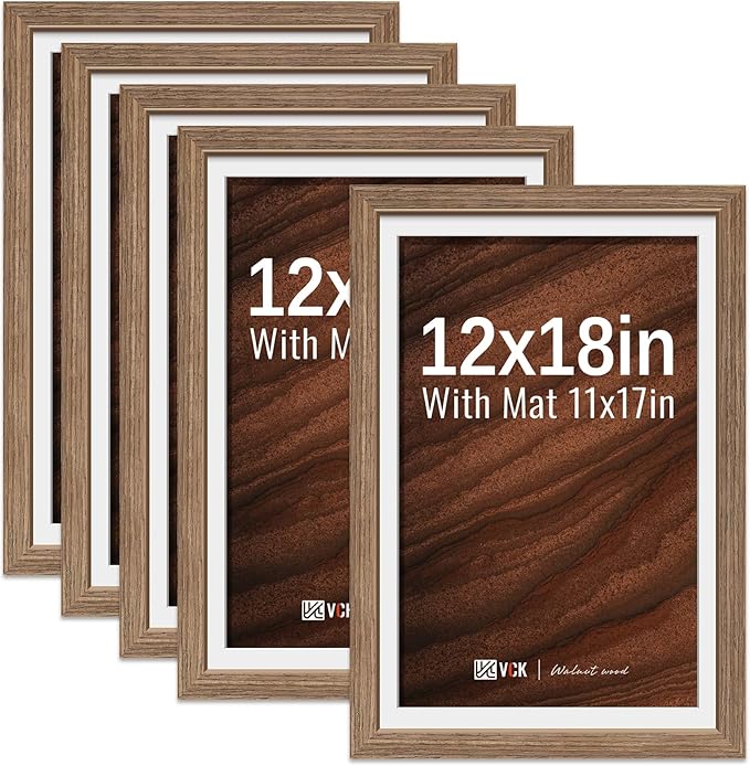 VCK 12x18 Picture Frame 5 Pack - Walnut, High-End Wood Poster Frames with Tempered Glass, Display 11x17 Photo with Mat or 12x18 without Mat, Art Gallery-Quality, Wall Hanging, Walnut