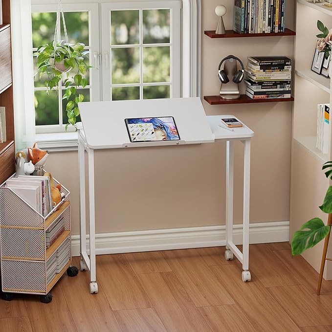 GreenForest Folding Desk with Adjustable Tiltable Desktop 0-90°, 31.5 inch Small Desk with Wheels, Rolling Drafting Table for Laptop, Reading, Writing, Drawing, Work, White