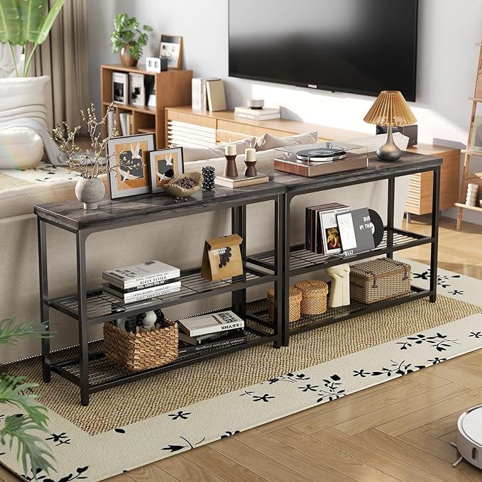 47" Console Table, 3-Tier Entryway Table, Sofa Table with Mesh Shelves, Console Tables for Living Room, Bedroom, Hallway, Entryway, Foyer, Grey