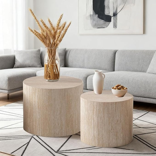 Round Nesting Coffee Table Set of 2 Small Round Coffee Tables for Living Room Modern Fluted Coffee Table Circular End Table Side Table for Small Spaces No Assembly (Travertine, 18 in)