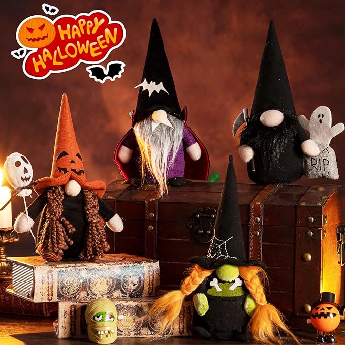 DraMosary Halloween Gnomes Plush Elf Decoration, 4PCS Handmade Reaper Witch Vampire Pumpkin Ghost Dolls for Halloween Table Ornament, Tiered Tray Decor, Party Favor, Trick or Treat