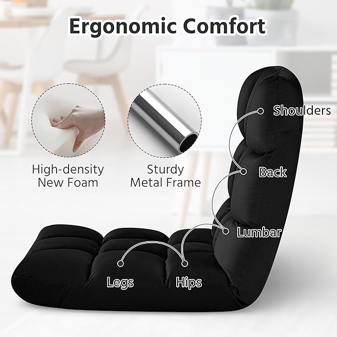 Yaheetech Floor Chair, Meditation Chair with Back Support Gaming Floor Lounger with 14 Adjustable Position for Adult, Black