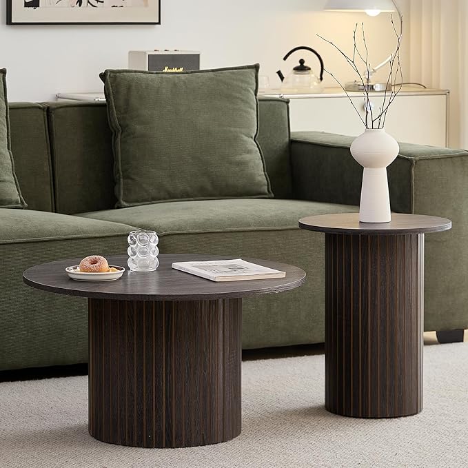 Small Round Coffee Table Set of 2, Wood Finish Nesting Coffee Tables, Boho Circle Side Table for Living Room (φ27.6 Large Short + φ15.8 Small Tall)