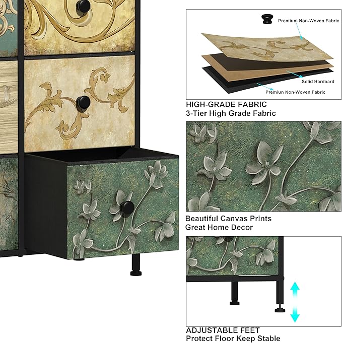 Tohomeor Narrow Storage Dresser Slim Dresser with Retro Flowers Fabric Drawers Vertical Skinny Cabinet for Small Spaces,Bathroom,Bedroom Closet Nightstand,Entryway Organizer (Retro Flower, 8 Drawers)