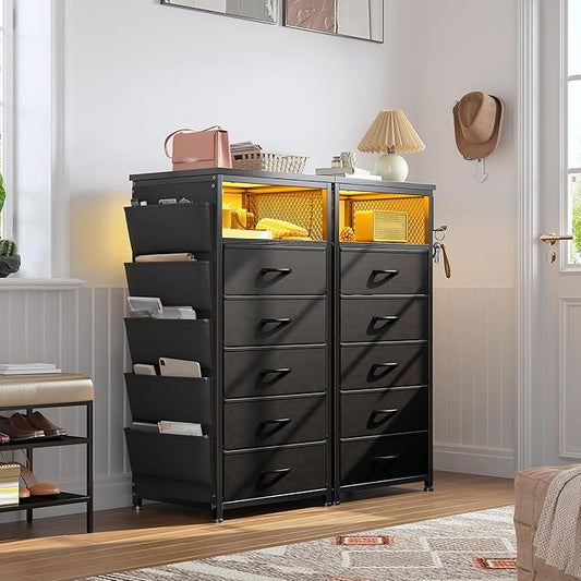 EnHomee Tall Night Stand Set 2 with 5 Drawers, LED Nightstand with Ports & Outlets, Bedside Table with Extra Side Bag & Storage Shelf & Hooks, Bedroom, Dorm, Closet