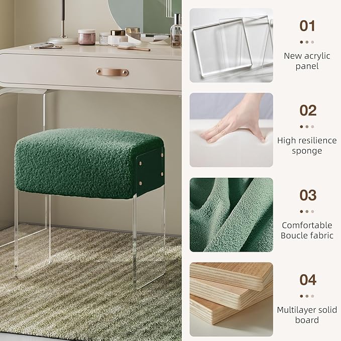 Soft Fluffy Stool, Modern Acrylic Footstool with Upholstered Seat, Fluffy Stool for Living Room Bedroom (Green)