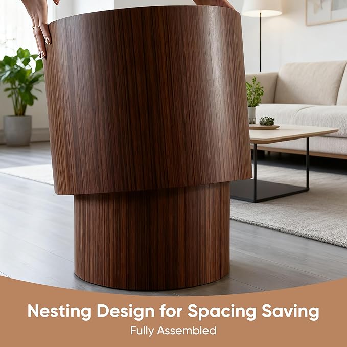 Nesting Round Coffee Table Set of 2, Small Circle Accent End Table for Small Spaces, Morden Drum Side Table, Wooden Center Table for Living Room, Fully Assembled - Dark Walnut