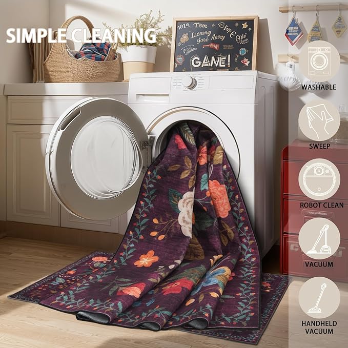 Living Room Rugs, Area Rugs 5x8 Rug for Bedroom Ultra-Thin Soft, Non-Slip Washable Rugs Stain Resistant Boho Rug Low-Pile Throw Rug for ‎Dining Room Office (5 x 8, Purple Lawn)