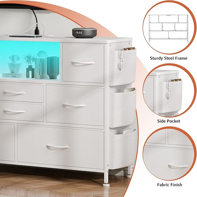Dresser for Bedroom with 8 Drawers, Dresser TV Stand with LED Lights, Fabric Chest of Drawers with Side Pocket for Living Room, Entryway, Bedroom Furniture (White)