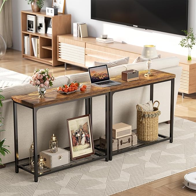 32" Small Console Table, 2-Tier Entryway Table, Sofa Table with Mesh Shelves, Console Tables for Living Room, Bedroom, Hallway, Entryway, Foyer, Rustic Brown