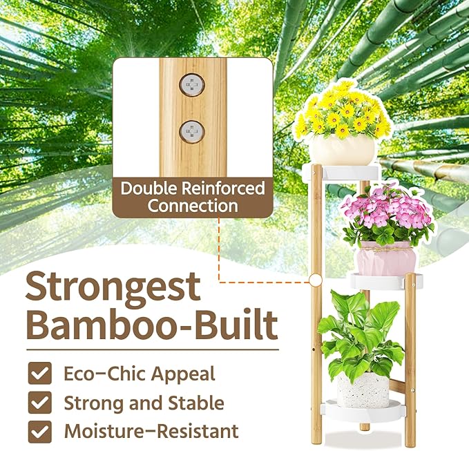 LASZOLA Bamboo White 3 Tier Heavy Duty Plant Stand Indoor, Tall Multiple Level Vertical Planter Rack for Modern Narrow Corner, Slim Spiral Flower Holder Organizer Display for House Decor, Plastic Tray