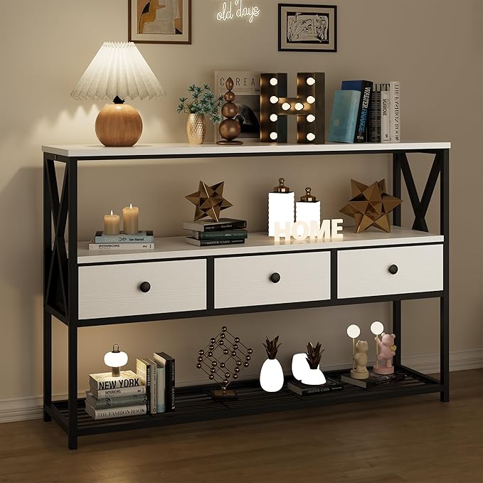 47'' Farmhouse Console Table with 3 Drawers and Open Shelf, Sofa Table Behind Couch with 3-Layer Storage, Rustic Entryway Table for Living Room, Hallway, Foyer, Kitchen, White