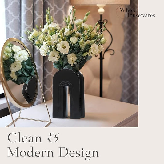 Whole Housewares Ceramic Vase - Stunning Black Modern Design Black Vase for Flowers - Home Decor Ceramic Flower Vase for Living Room - Ideal Gift for Birthdays, Holidays, and Housewarmings