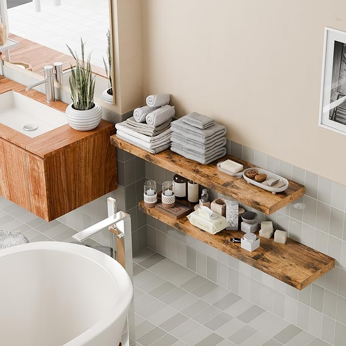 12 Inch Deep Floating Shelves, 48 Inch Fireplace Mantel Set of 2, Rustic Brown Hanging Shelf with Invisible Brackets, Display Shelves Wall Mounted for Bedroom, Kitchen, Office, Living Room