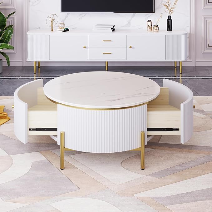 31.5" Round Coffee Table with Storage, Modern Round Coffee Table with 2 Drawers Storage Accent Table Round Black End Table for Living Room,White