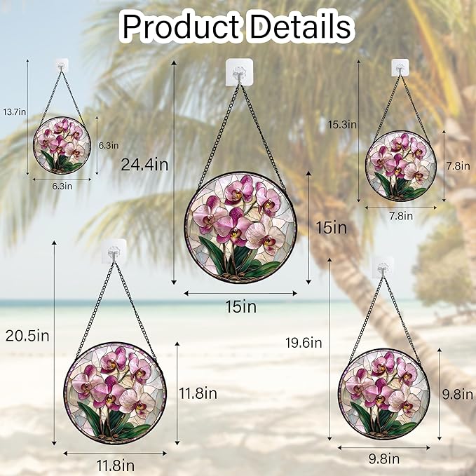 Stained Glass Window Hanging - Pink Purple Phalaenopsis Flowers Sun Catcher for Door Home Decor Plant Suncatcher Christmas Mother's Day Birthday Gifts for Women Men Mom Nana 9.8 in