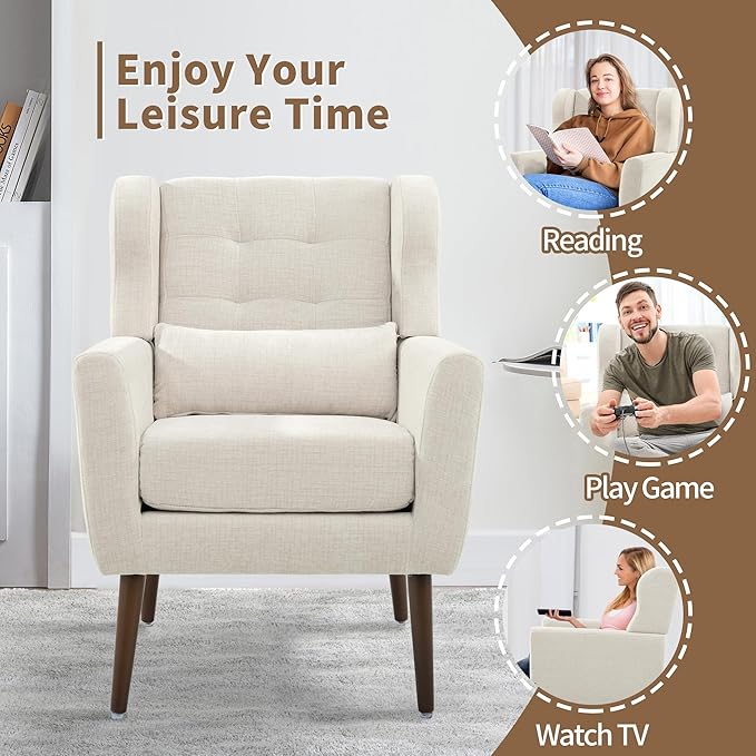 Modern Accent Chair, Upholstered Arm Chair with Waist Pillow, Single Sofa Chair for Living Room Bedroom Small Spaces (Beige)