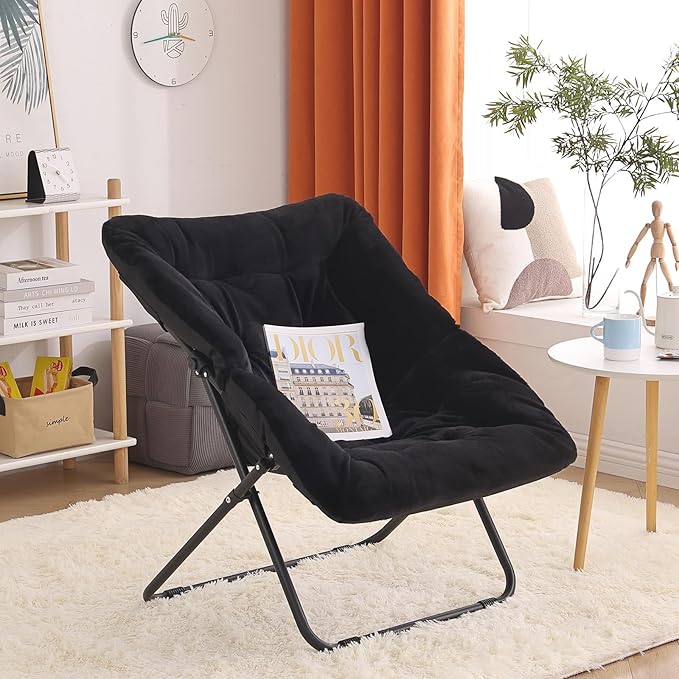 Oversized Folding Faux Fur Chair with Ottoman, X-Large Soft Saucer Chair, Foldable Metal Frame for Bedroom, Living Room, Balcony (Black)